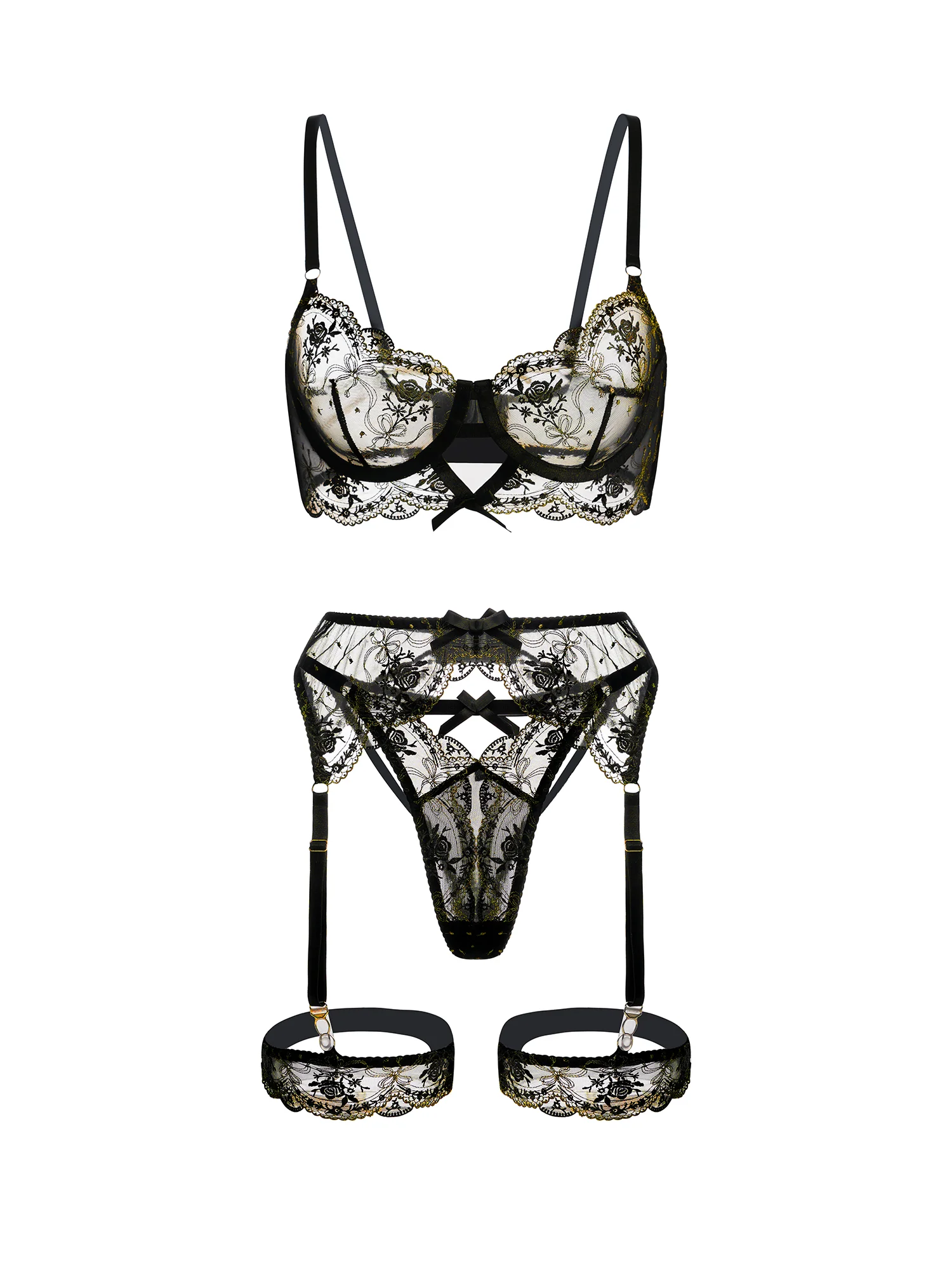 Sheer Black &Golden Embroidery Lingerie Set - Image 19