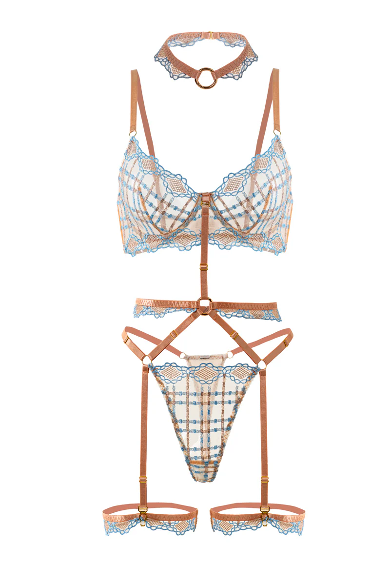 Sophia Blue & Beige Plaid Lingerie Set - Image 2
