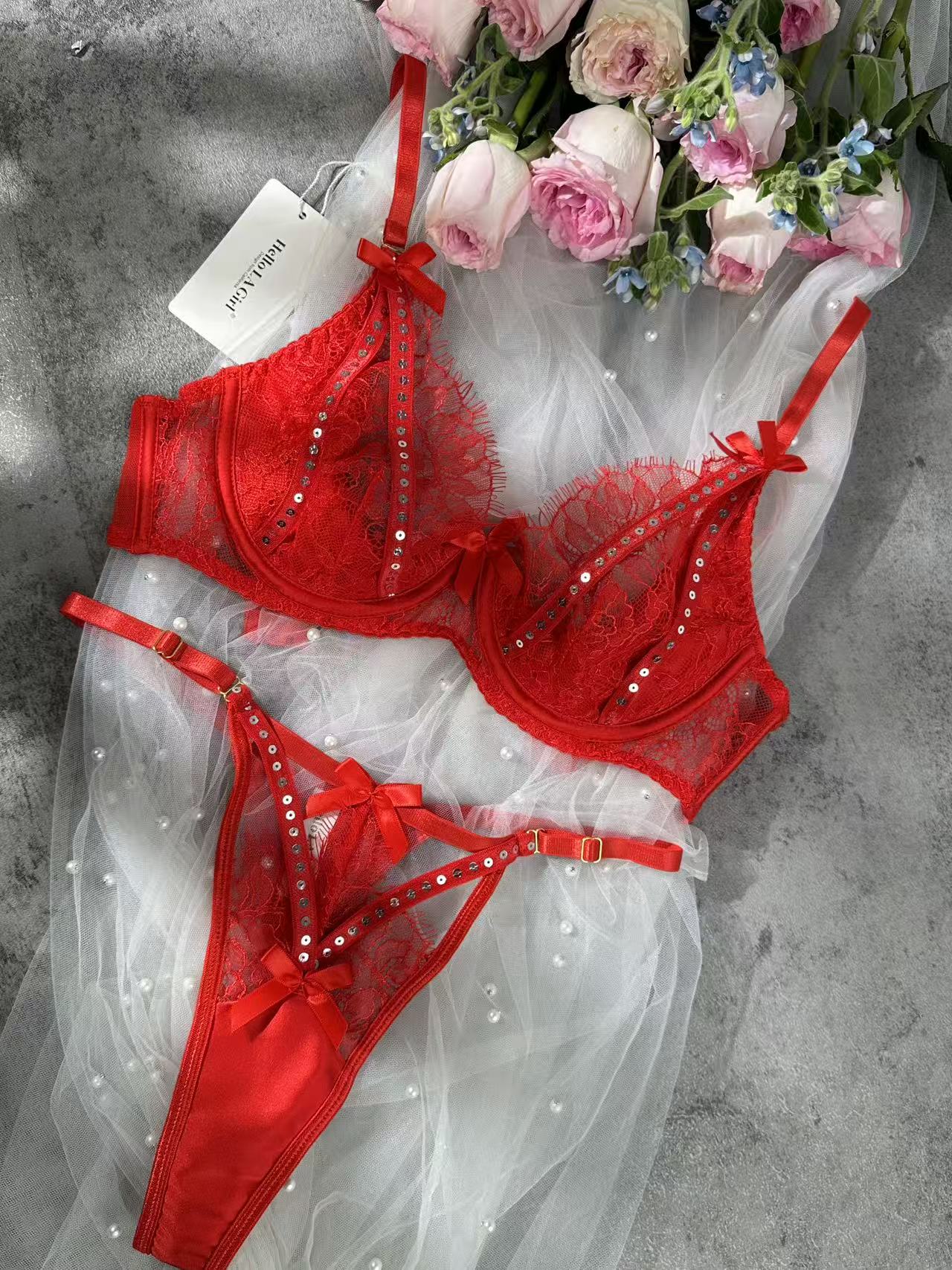 Sparkling Soft Red Lace Lingerie Set - Image 8