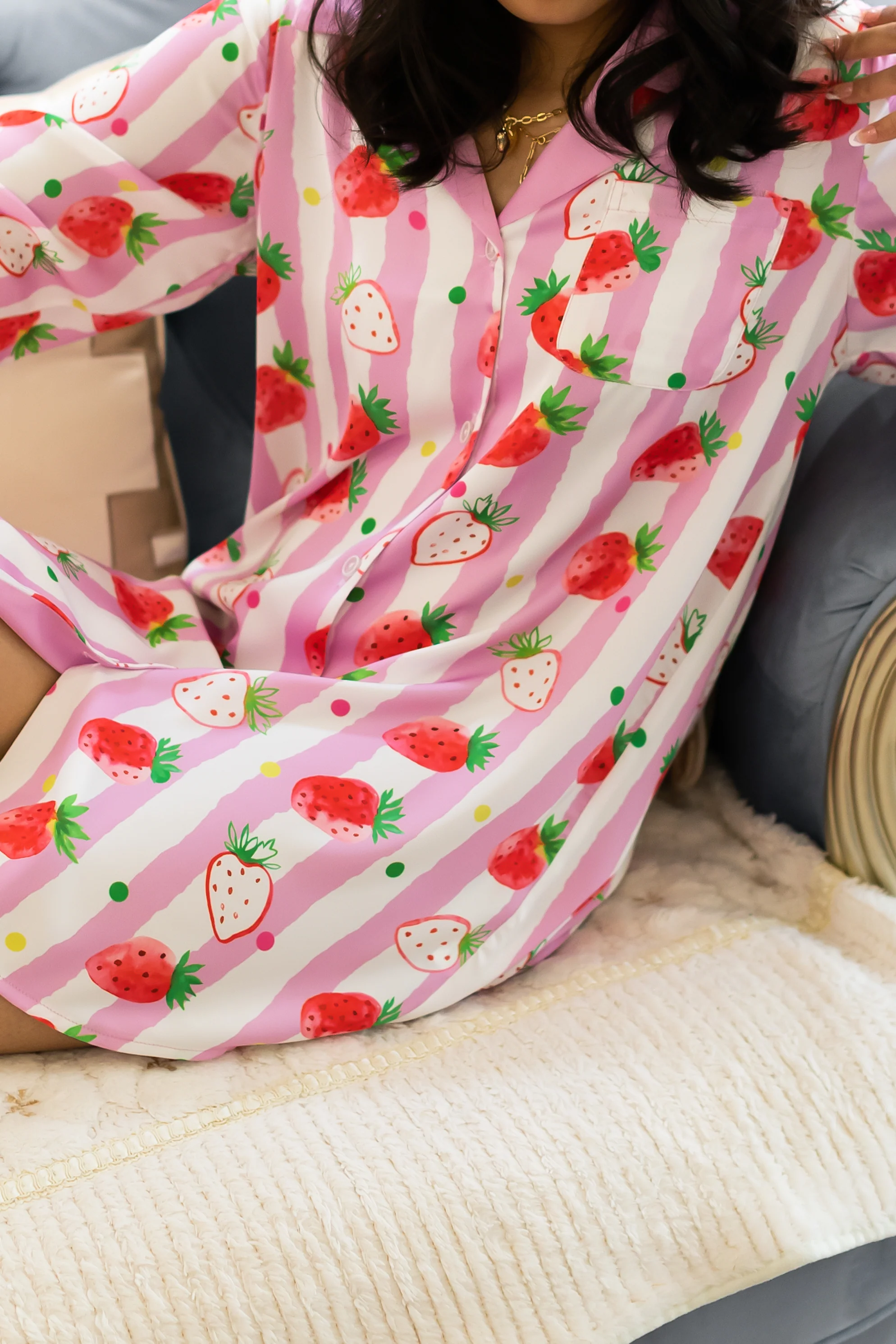 Strawberries Print Pink Stripes Sleep Shirt Silky Satin Pajamas Sleepshirt - Image 5