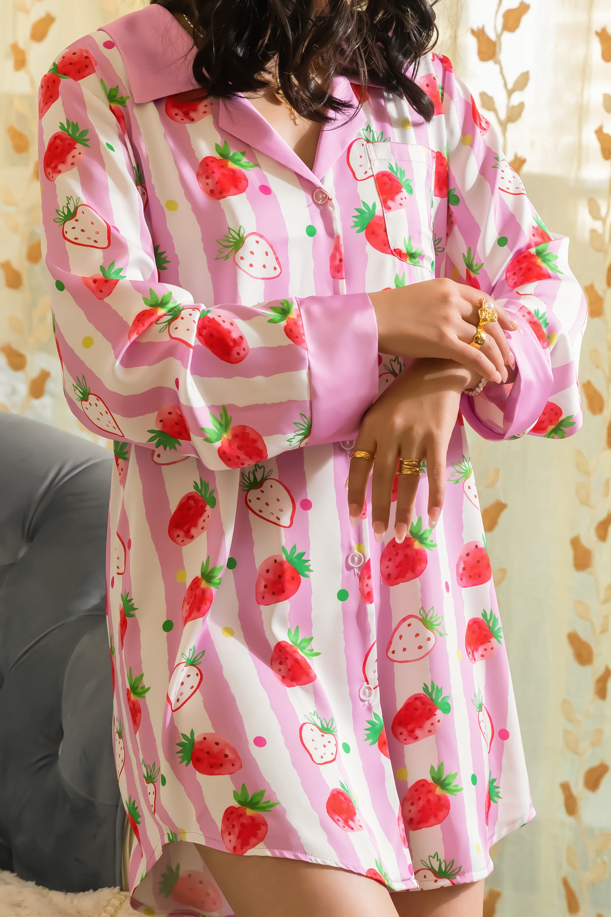 Strawberries Print Pink Stripes Sleep Shirt Silky Satin Pajamas Sleepshirt - Image 7