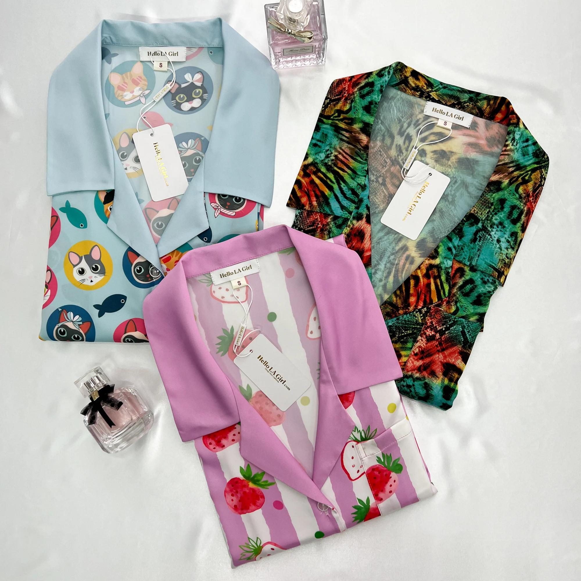 Strawberries Print Pink Stripes Sleep Shirt Silky Satin Pajamas Sleepshirt - Image 8