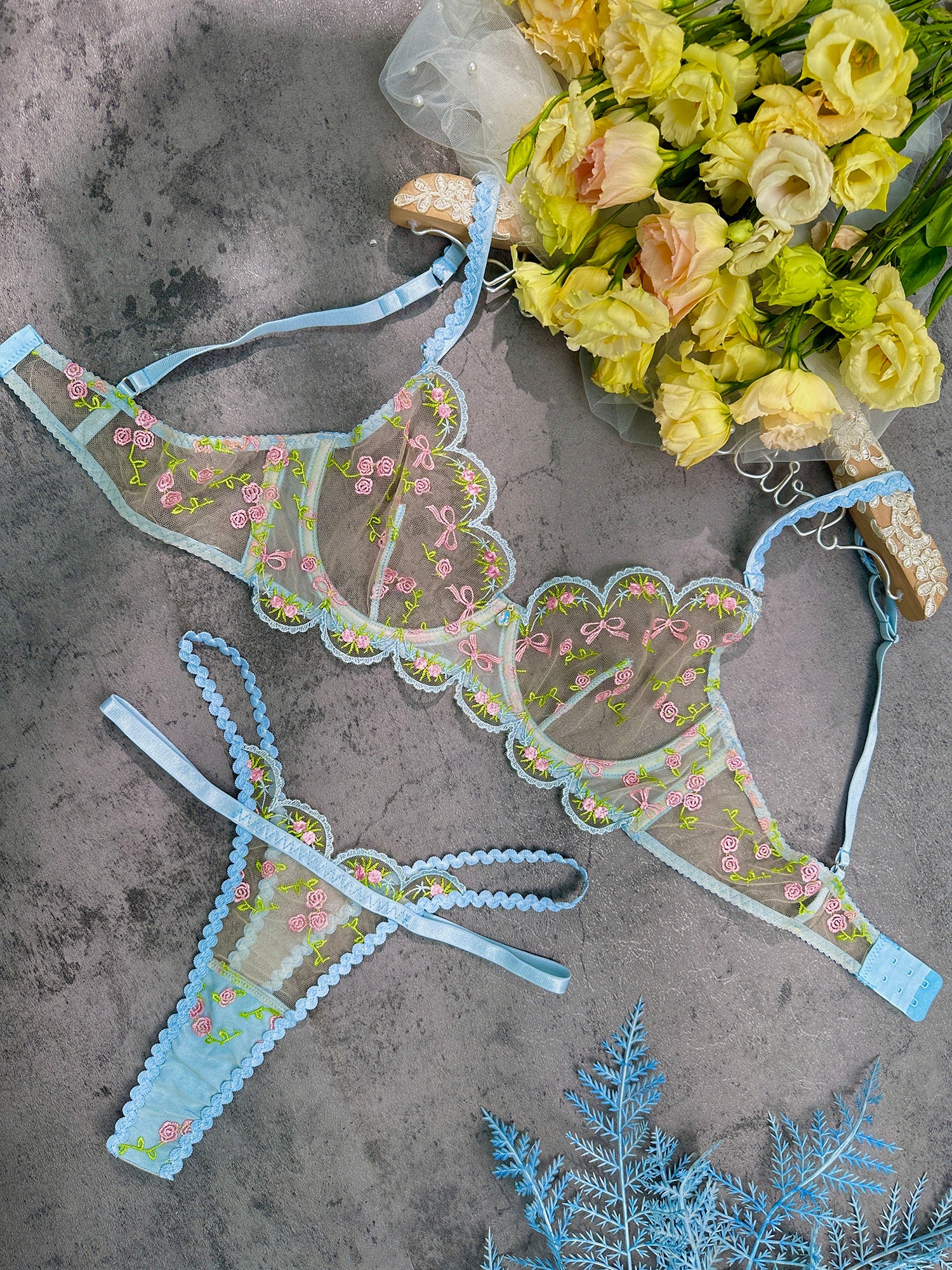 Light Blue Floral Lace Lingerie Set - Image 21
