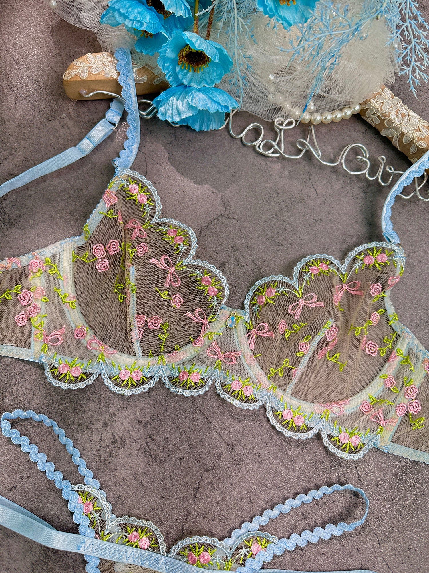 Light Blue Floral Lace Lingerie Set - Image 24