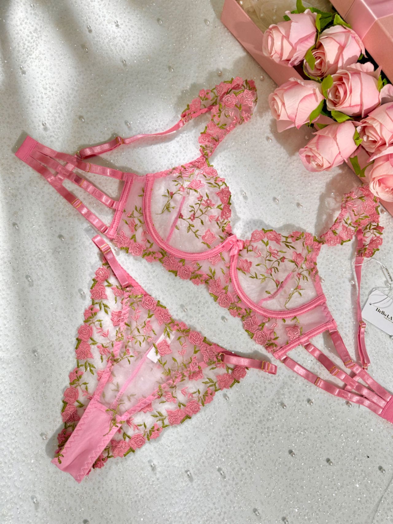 Sweetness Pink Rose Embroidered Lingerie Set - Image 4