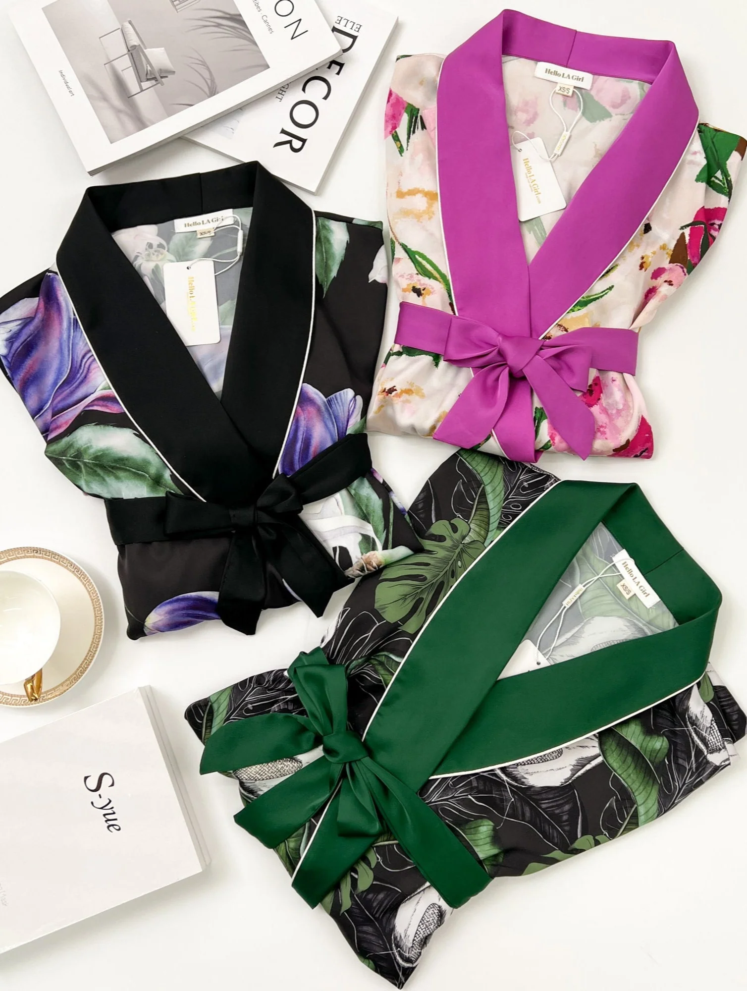 Tropical Print Green Silky Satin Robe With Belt - Image 3