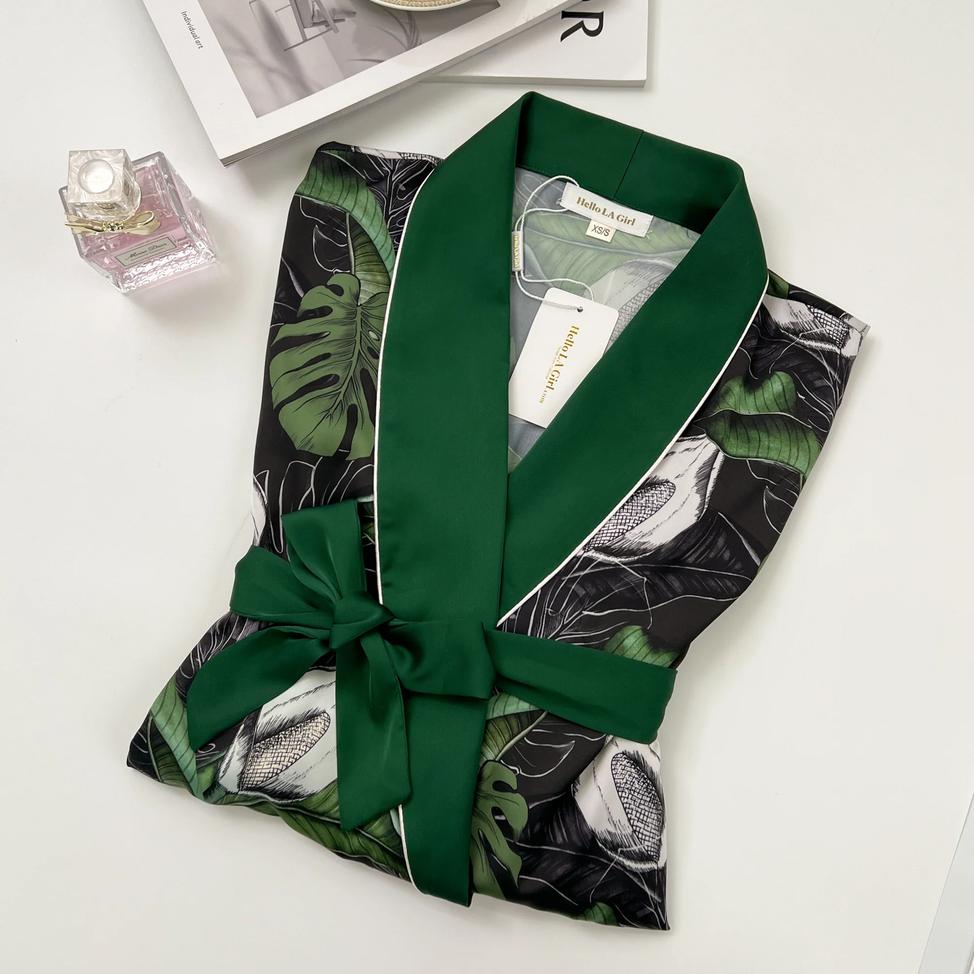 Tropical Print Green Silky Satin Robe With Belt - Image 6