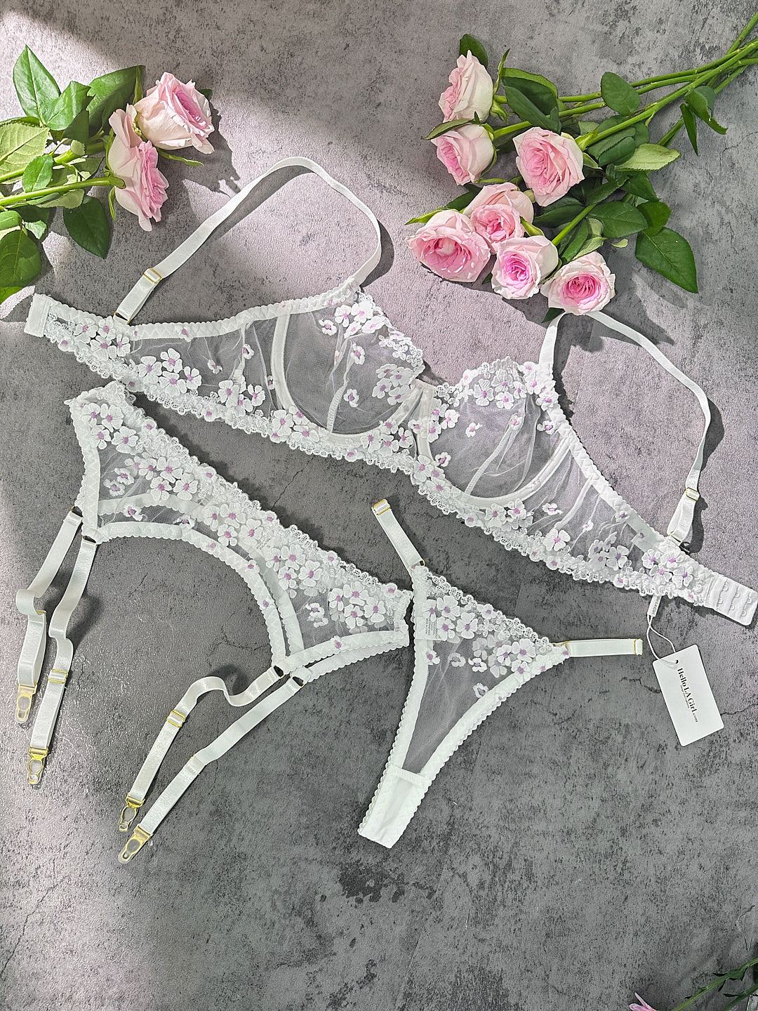 White Cherry Blossoms Sheer Lace Lingerie Set - Image 6