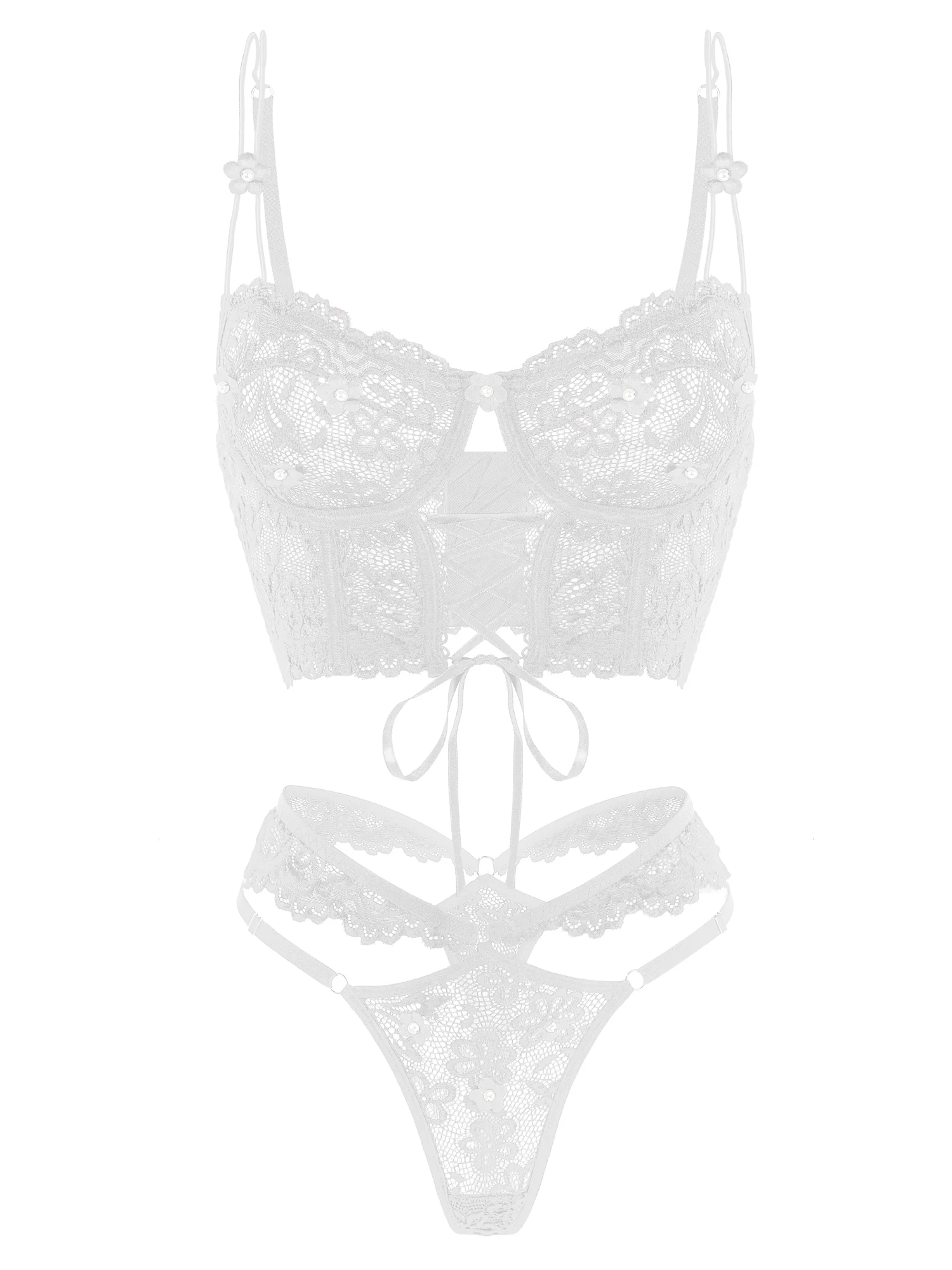 White Pearls Small Flower Lace Lingerie Set - Image 11