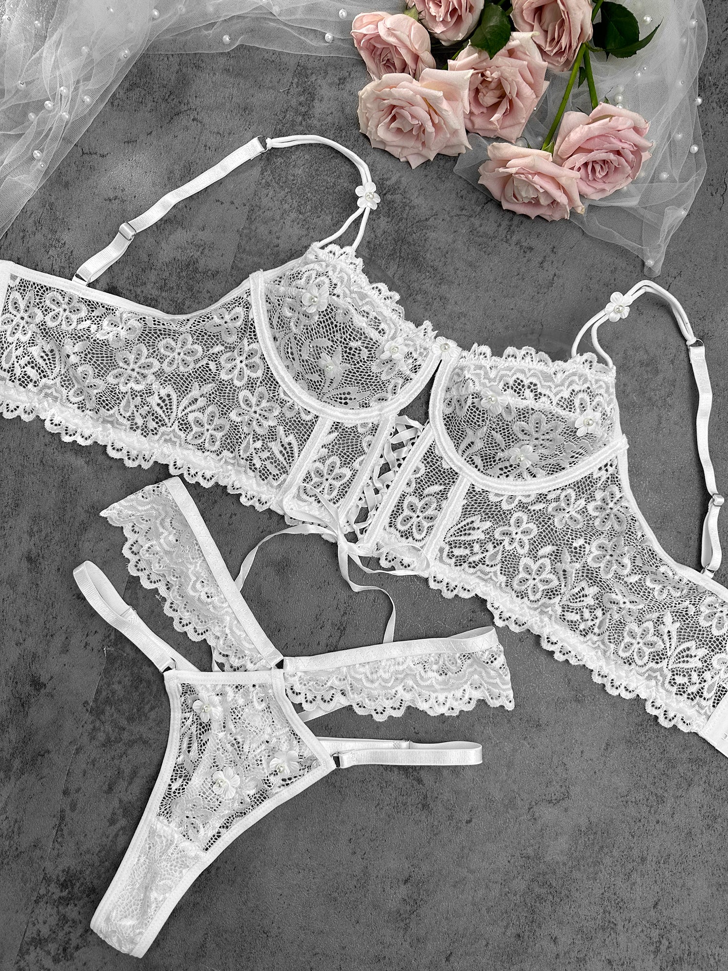 White Pearls Small Flower Lace Lingerie Set - Image 15