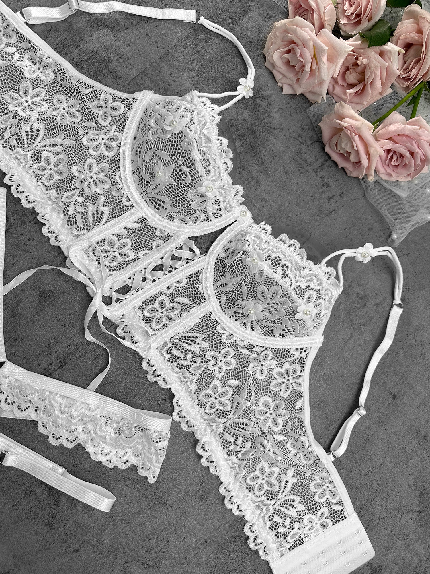 White Pearls Small Flower Lace Lingerie Set - Image 16