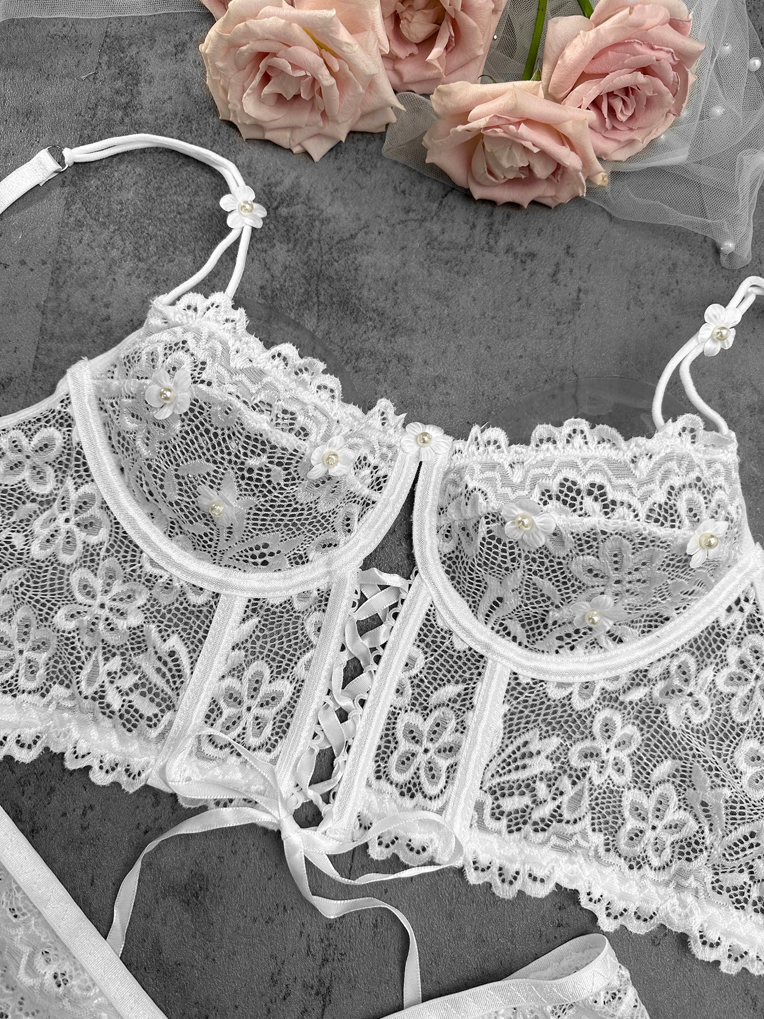 White Pearls Small Flower Lace Lingerie Set - Image 18