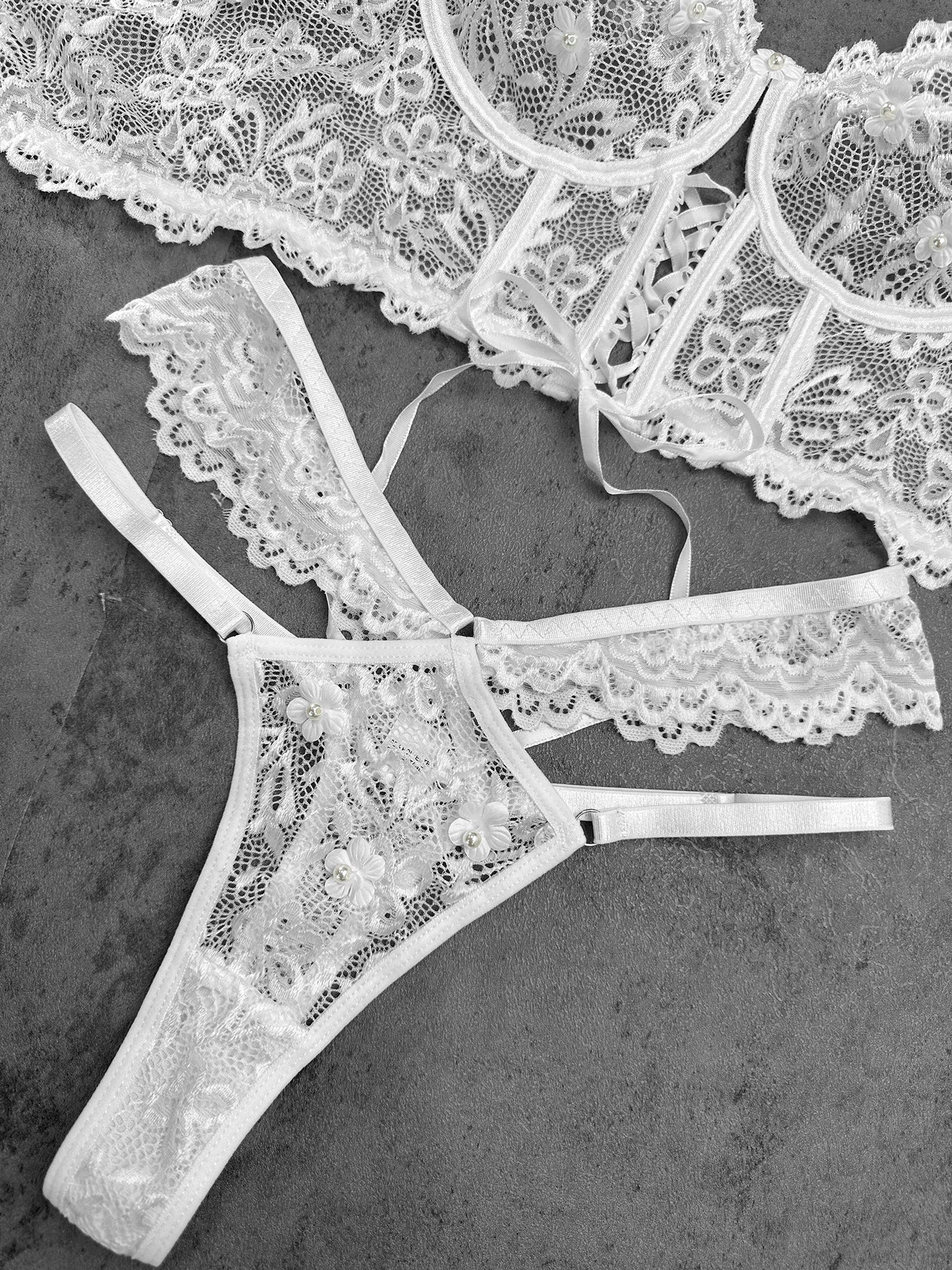 White Pearls Small Flower Lace Lingerie Set - Image 19